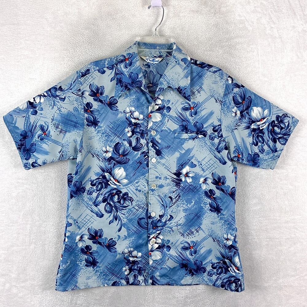 VTG Da Vinci Hawaiian Shirt Men L Blue Delfina Butterfly Collar Aloha Disco 70s